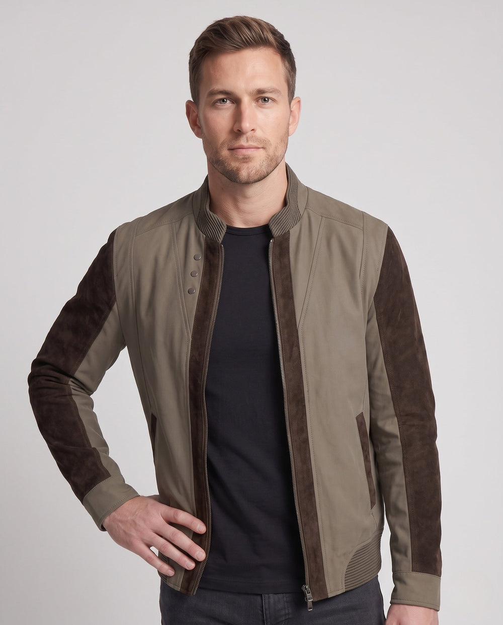 Elegante Herren Übergangsjacke, Hybrid-Design mit Kontrastärmeln, Stehkragen, ideal für Frühling & Herbst.