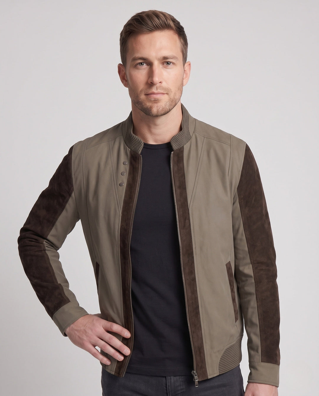 Elegante Herren Übergangsjacke, Hybrid-Design mit Kontrastärmeln, Stehkragen, ideal für Frühling & Herbst.