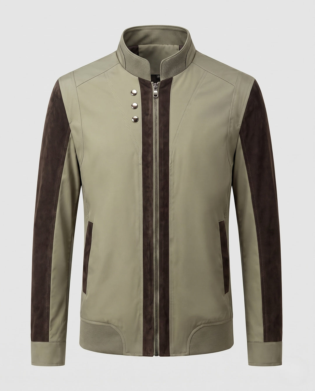 Detailansicht der Herren Hybrid Feldjacke: robuster Stehkragen, Frontreißverschluss, für Outdoor-Mode.