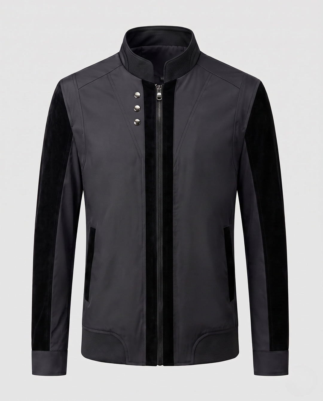 Herren-Hybrid-Übergangsjacke in Dunkelgrau, mit Stehkragen und praktischen Taschen, vielseitig.