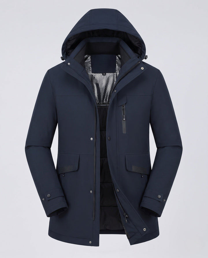 Moderner Herren Wintermantel mit Kapuze für Casual und Outdoor. Ideal für kalte Wintertage.