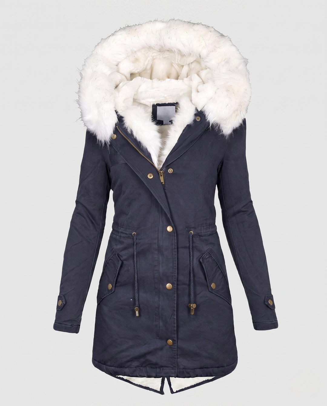 Luxuriöser Damen Winterparka mit weicher Kunstfellkapuze und kuschligem Teddyfutter, sehr elegant.
