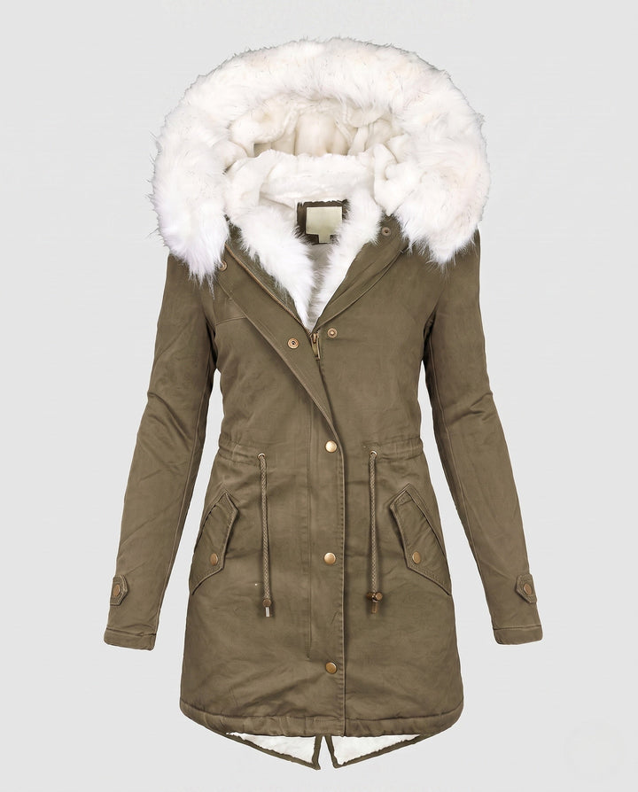 Damen Winterparka: Kunstfellkapuze, warmes Teddyfutter, winddicht und figurbetont für kalte Tage.
