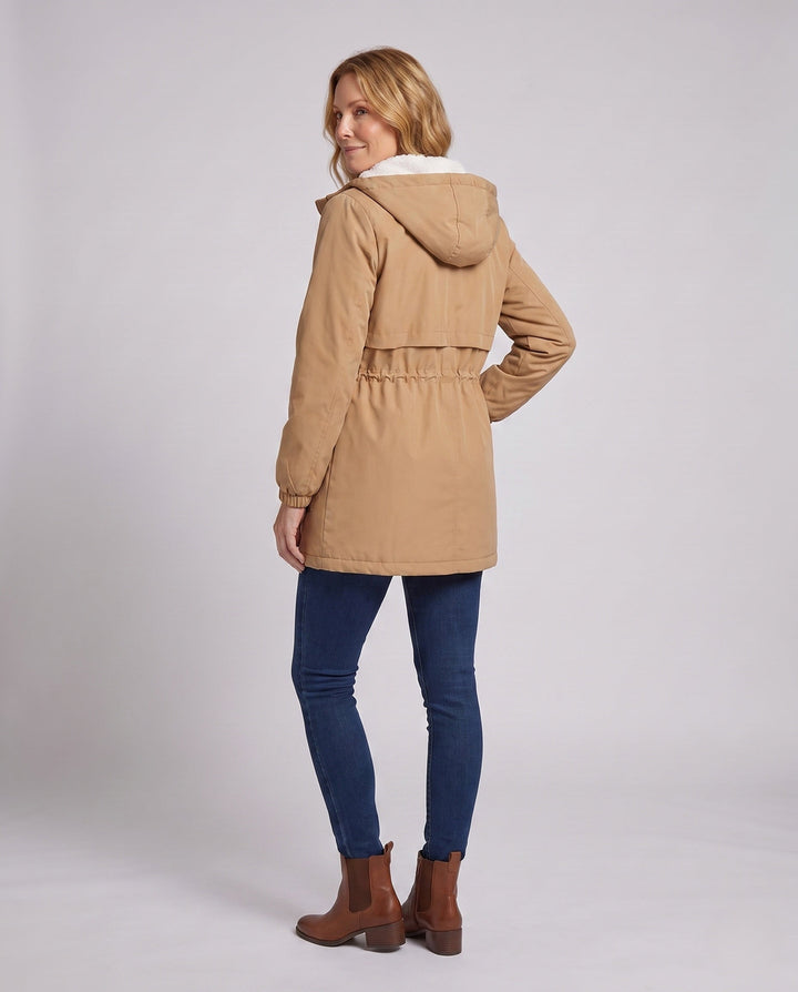 Casual Damenparka mit weicher Teddykapuze und Taillenzug; bequeme Frühlings- und Herbstjacke für Damen.