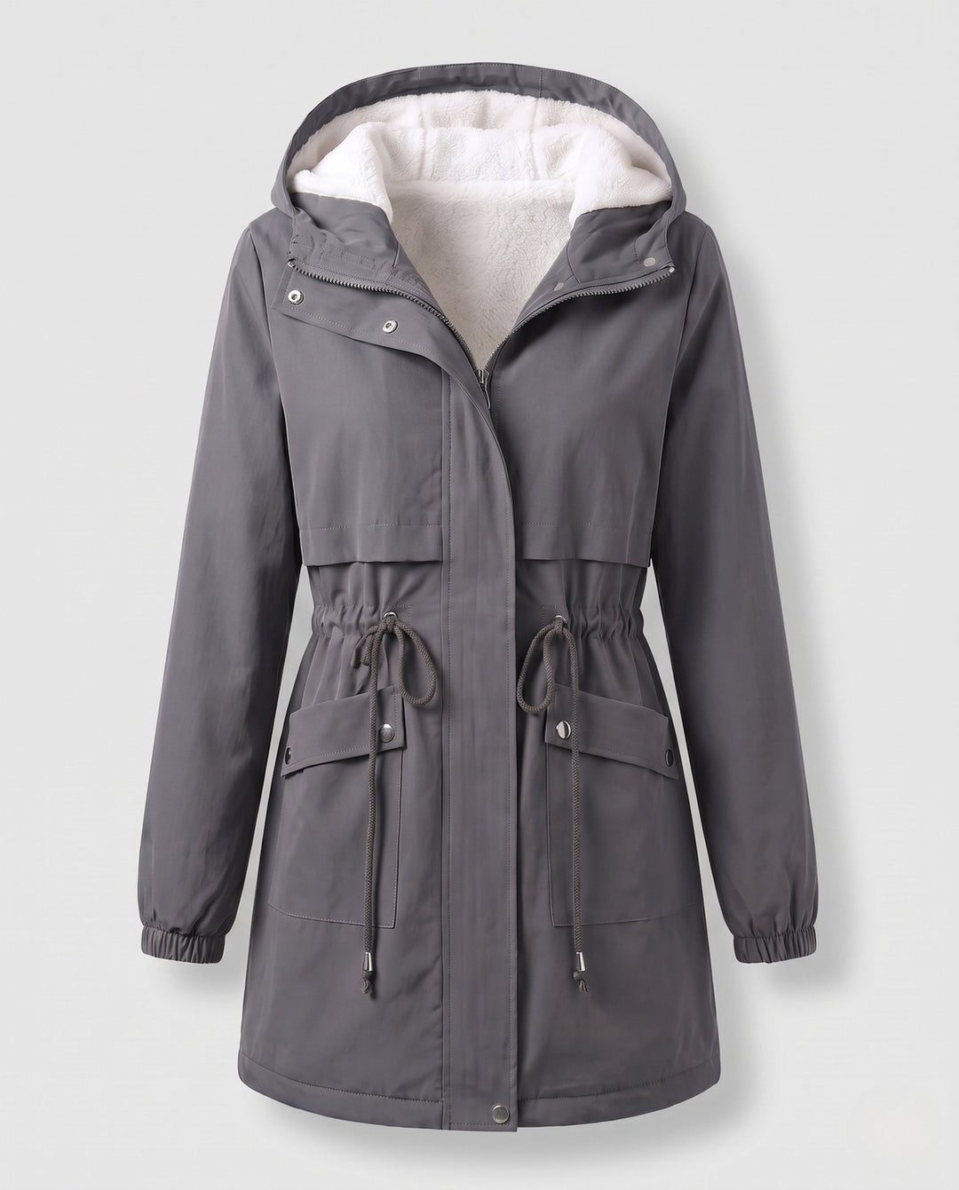 Elegante Damen Übergangs-Parka mit Taillenzug & Teddykapuze; vielseitige Frühlings- und Herbstjacke.