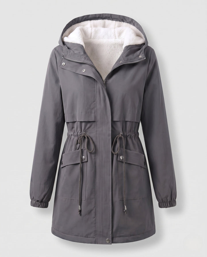 Elegante Damen Übergangs-Parka mit Taillenzug & Teddykapuze; vielseitige Frühlings- und Herbstjacke.