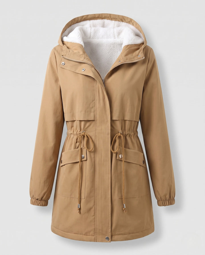 Winddichter Damen Übergangs-Parka mit warmer Teddykapuze und Taillenzug; funktionale Herbstmode.