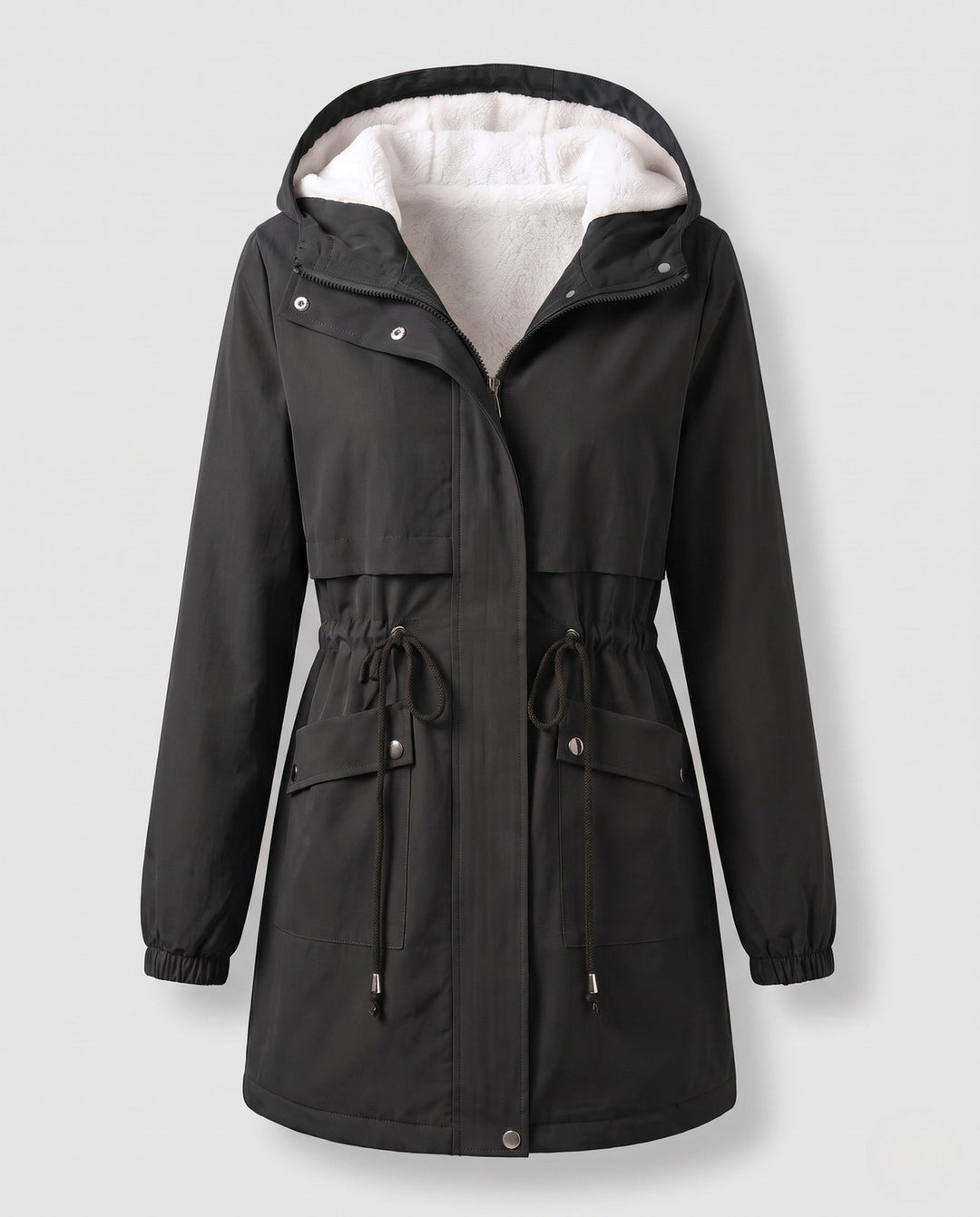 Damenparka in modernem Design mit Teddykapuze und verstellbarem Taillenzug; stilvolle Übergangsjacke.