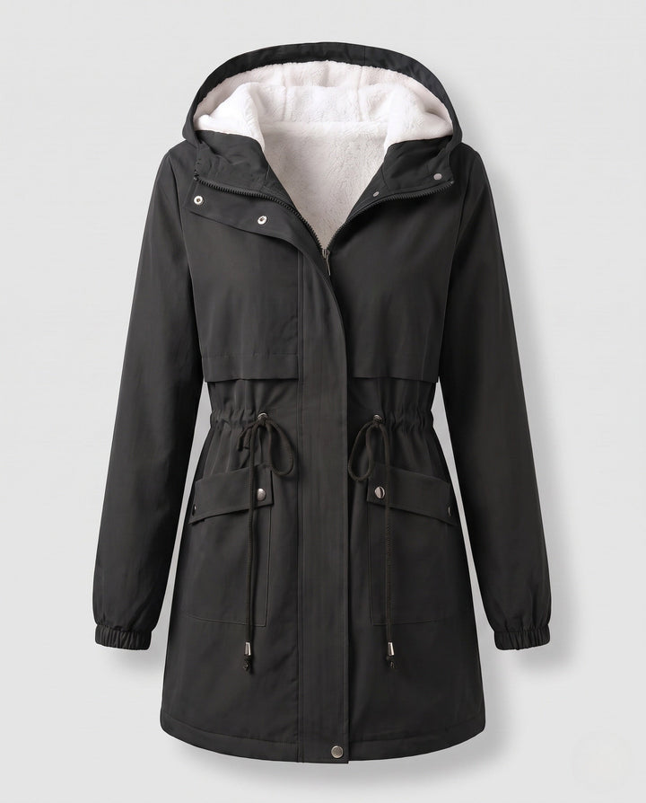 Damenparka in modernem Design mit Teddykapuze und verstellbarem Taillenzug; stilvolle Übergangsjacke.