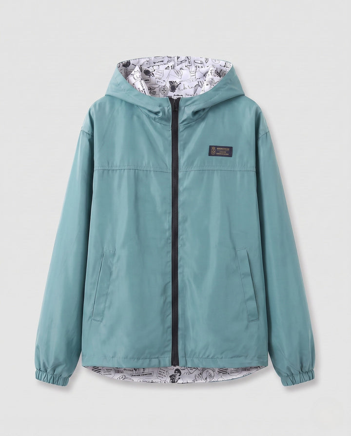 Leichter, faltbarer Unisex Kapuzenwindbreaker, kompakt verpackt für Reisen oder zum Verstauen in Rucksack.