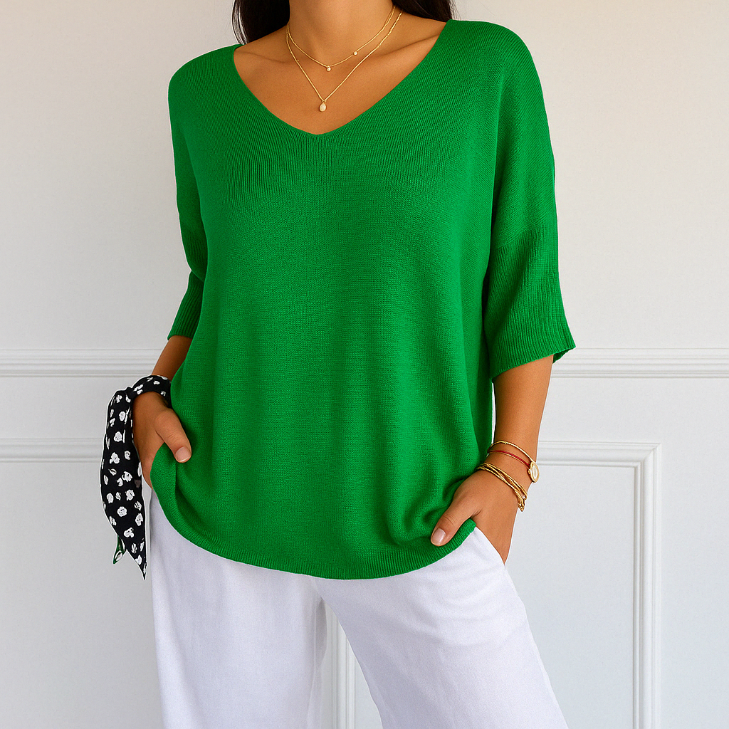 Schicker Damen Kurzarm-Pullover mit V-Ausschnitt. Lässiger Schnitt, schmeichelhaft und perfekt für den Übergang.