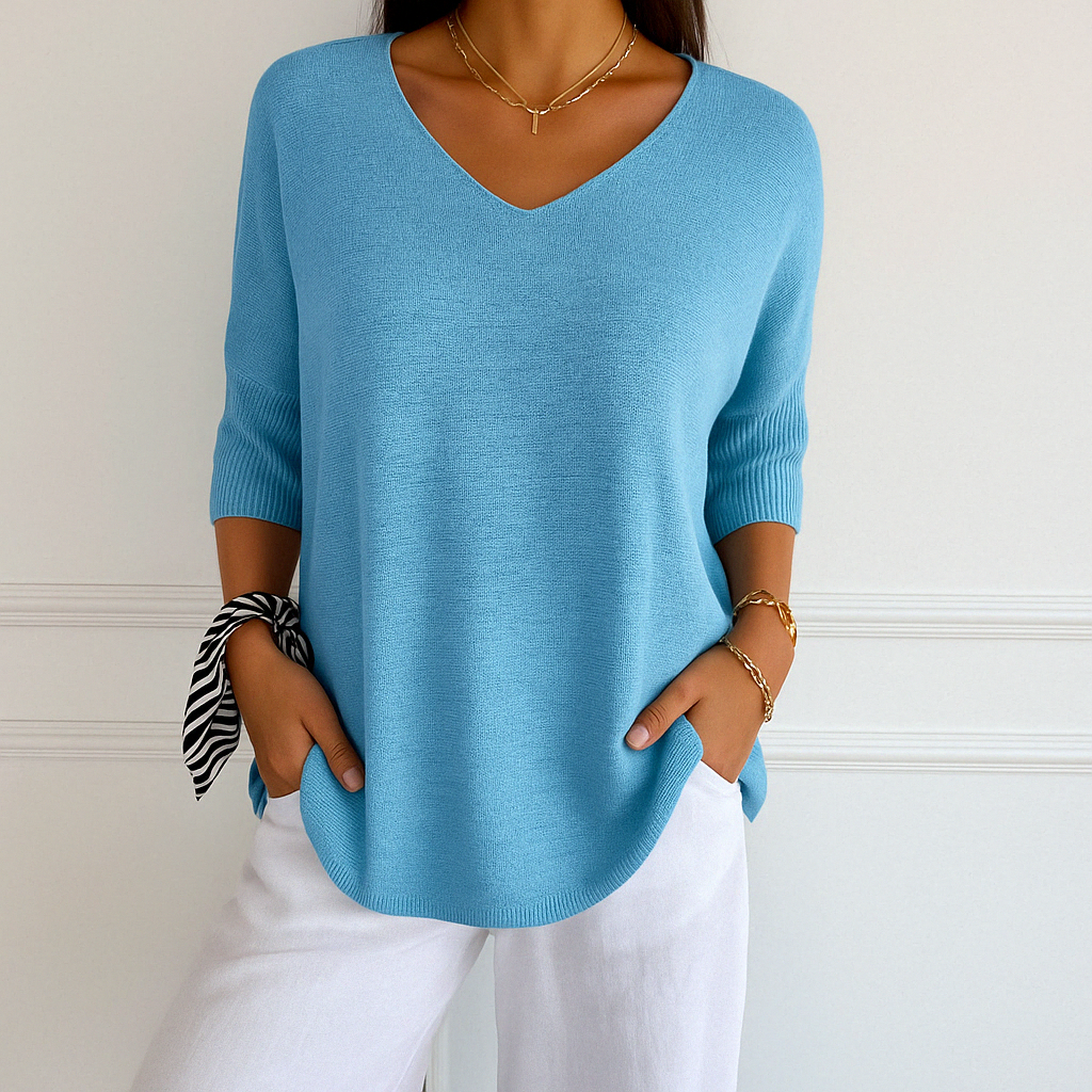 Damen Sommer-Pullover: Kurze Ärmel und schmeichelhafter V-Ausschnitt. Lockerer, bequemer Schnitt für Freizeit.