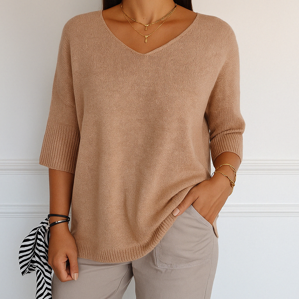 Lässiger Damen Kurzarm-Pullover mit V-Ausschnitt. Komfortabel und vielseitig für Freizeit und Frühling.