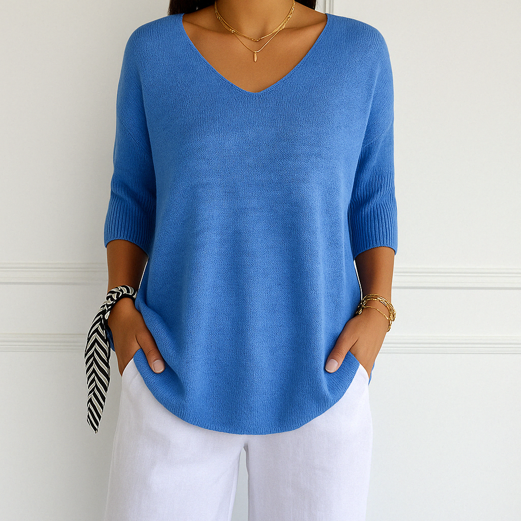 Frühlingshafter Damen Pullover mit kurzen Ärmeln. Lockerer V-Ausschnitt, bequem und stilvoll für den Alltag.