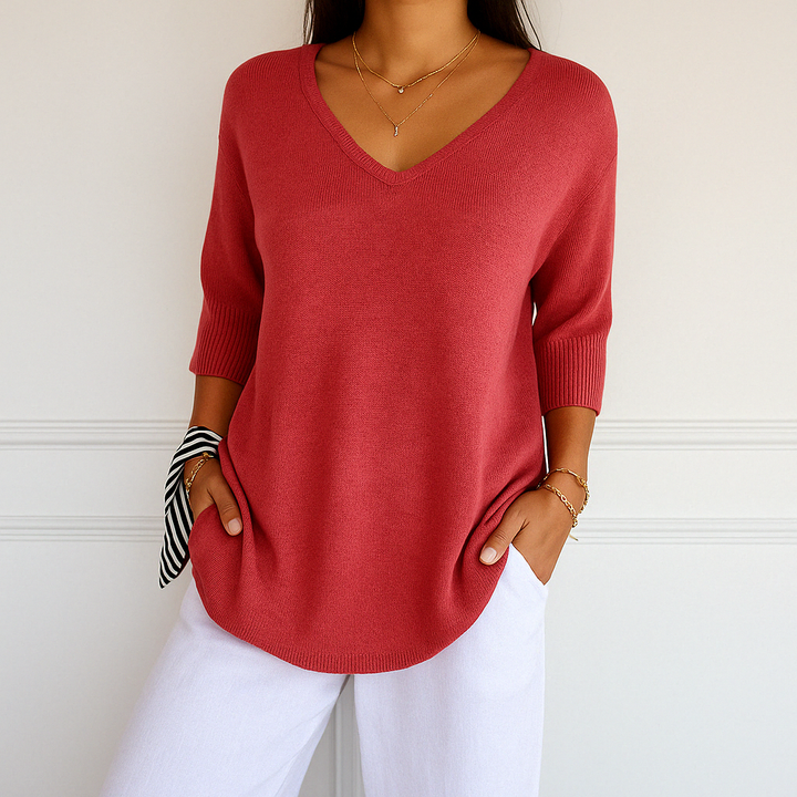 Damen Basic-Pullover mit V-Ausschnitt und kurzen Ärmeln. Elegant und komfortabel für Frühling & Sommer.