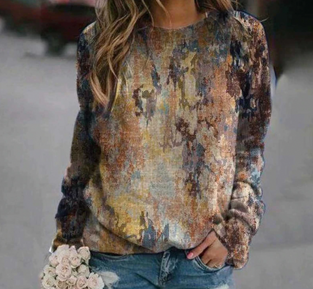 Damen Pullover mit modernem Kunstprint. Gemütlicher Rundhals-Strickpullover für Herbst & Winter. Stilvoll & warm.