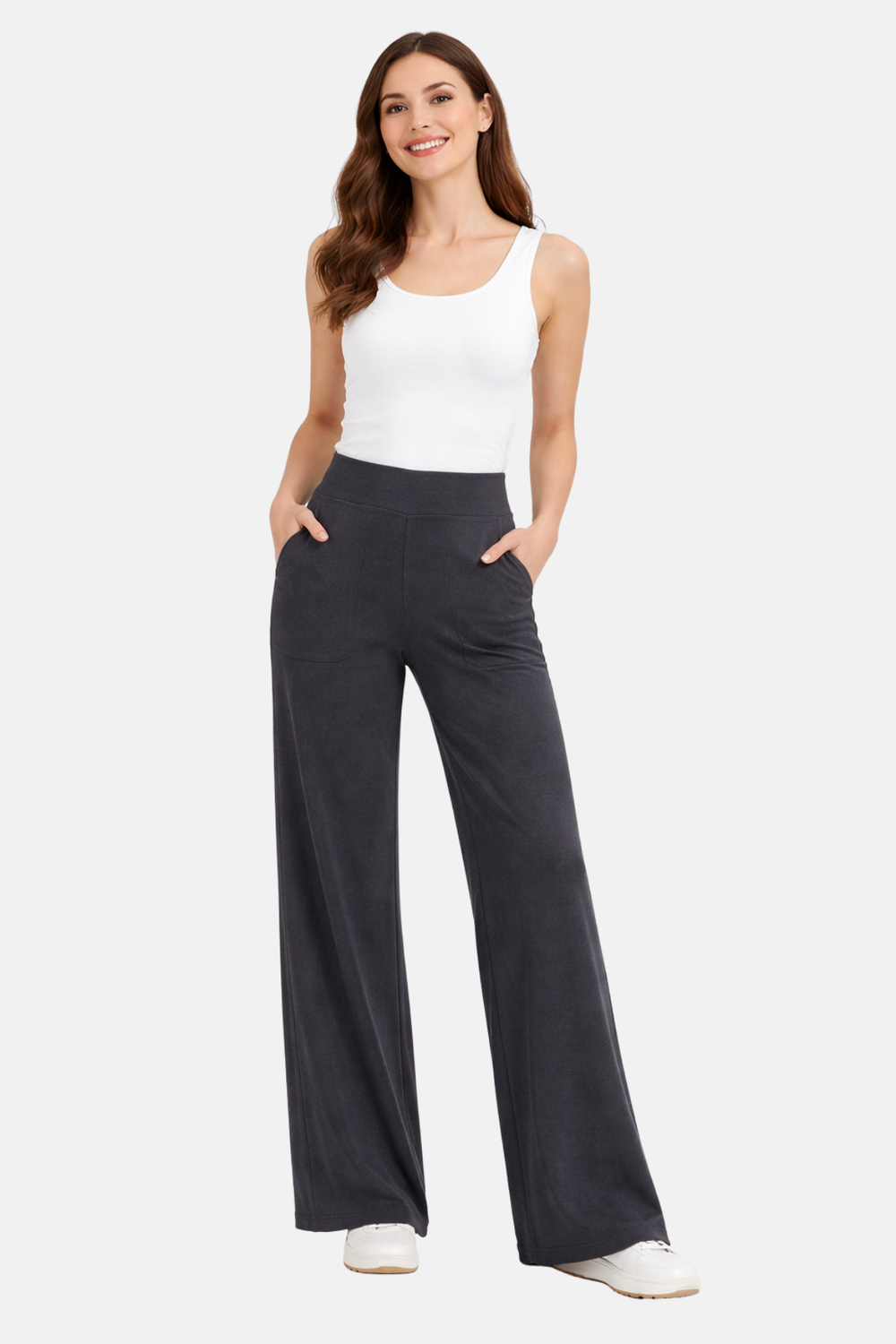 Elegante schwarze Stretch-Hose für Damen, hoher Bund, schmeichelnde Slim Fit Passform, ideal für Reisen.