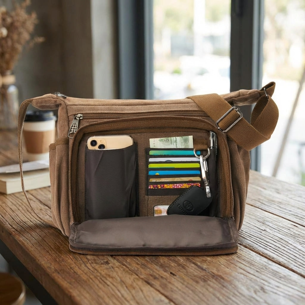 Unisex RFID-blockierende Messenger-Tasche aus robustem Canvas, ideal für sichere Aufbewahrung.