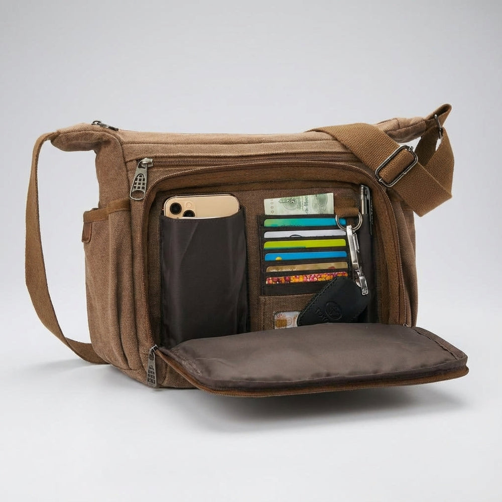 Stylische Unisex Canvas Umhängetasche mit RFID-Schutz, perfekt für Arbeit und den täglichen Gebrauch.