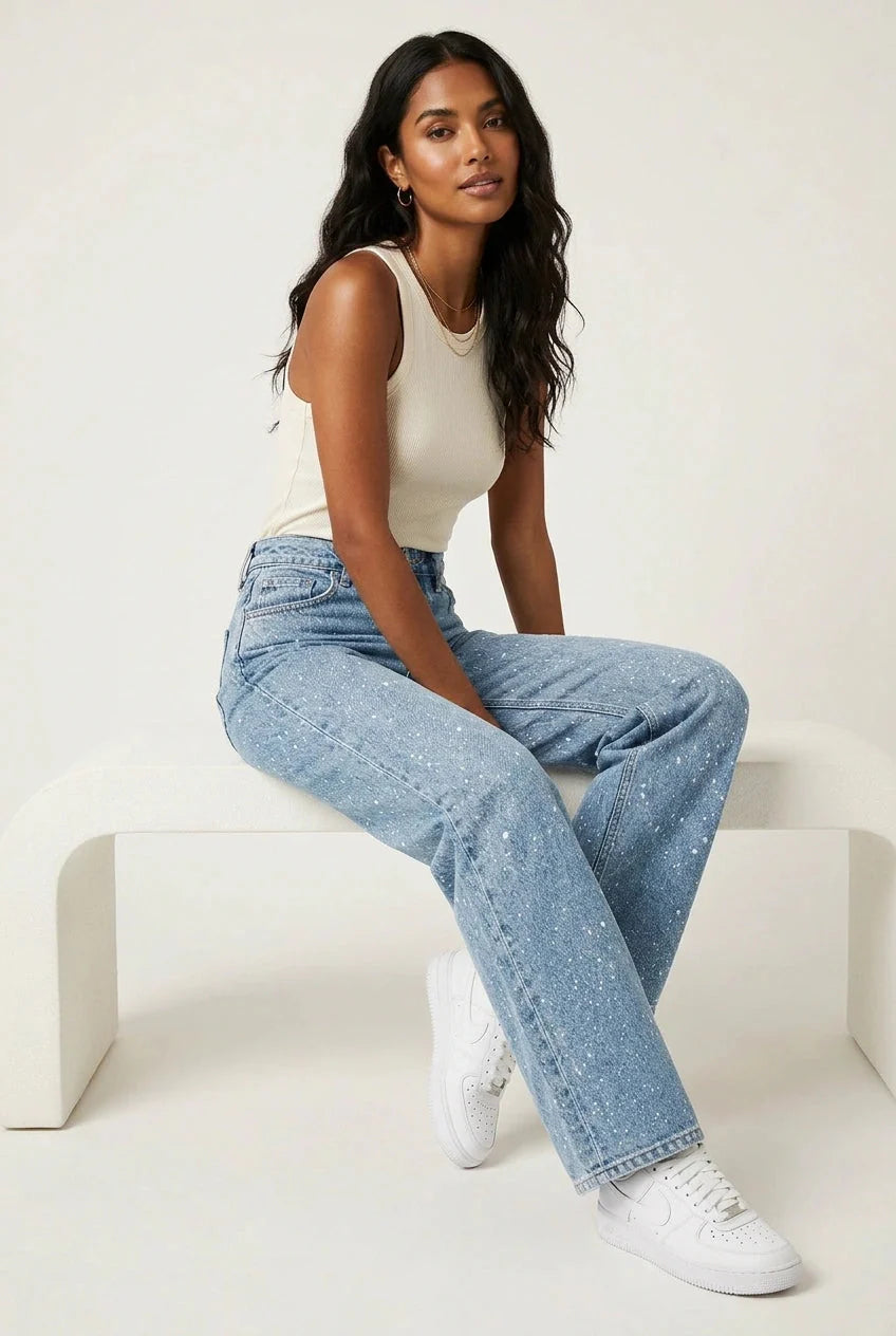 Damen High Waist Jeans mit geradem Bein & Glitzer im Vintage Look. Modische Freizeithose für Frauen.