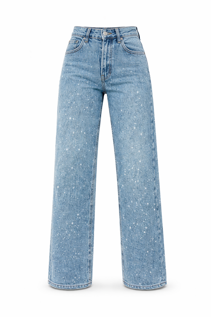 Beine in Damen High Waist Straight Leg Jeans mit Glitzer, präsentiert den angesagten Vintage Look.