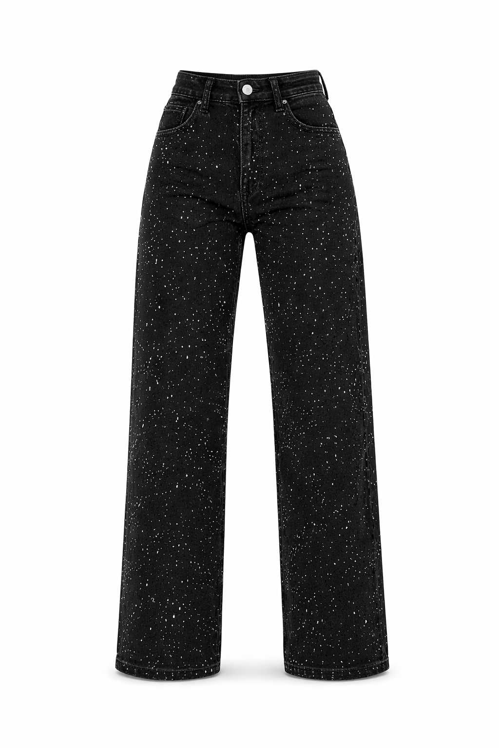Trendige Damen High Waist Jeans mit geradem Bein, Glitzer & coolem Vintage Finish. Bequeme Damenmode Hose.