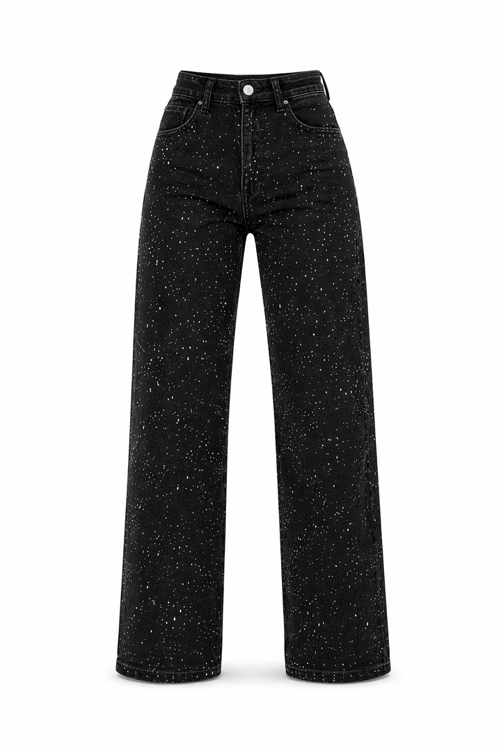 Trendige Damen High Waist Jeans mit geradem Bein, Glitzer & coolem Vintage Finish. Bequeme Damenmode Hose.