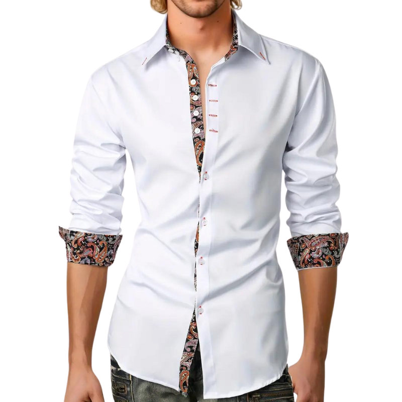 Vielseitiges Herren Langarmhemd mit Paisley-Akzenten; als Business- oder Freizeithemd tragbar.