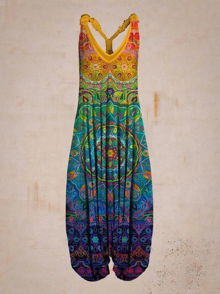 Boho Damen Sommer Jumpsuit mit praktischen verstellbaren Trägern, ideal für Urlaub.