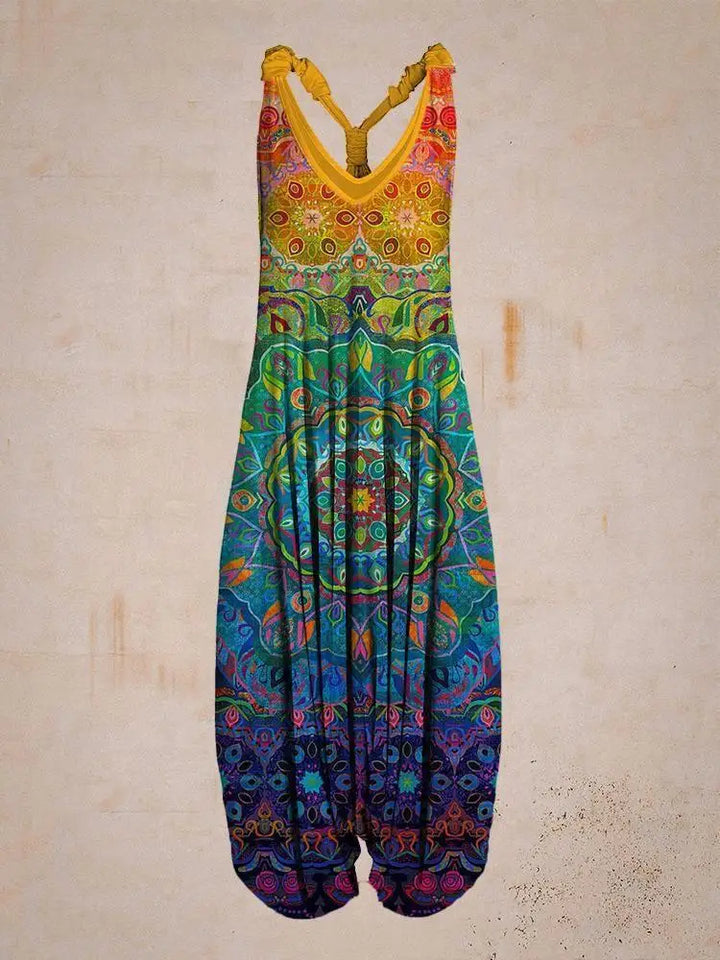 Boho Damen Sommer Jumpsuit mit praktischen verstellbaren Trägern, ideal für Urlaub.
