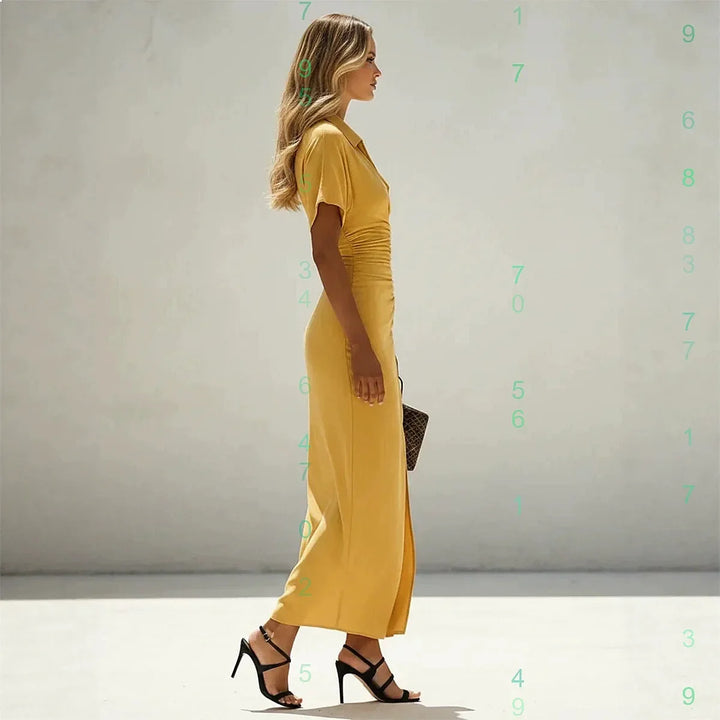 Vielseitiges Damen Hemdblusenkleid in Grün, Khaki oder Gelb, mit Seitenschlitz & Raffung. Elegantes Sommer Maxikleid.