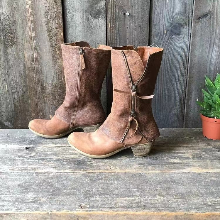 Vielseitige Damen Khaki Stiefel mit praktischem Reißverschluss und robuster, rutschfester Profilsohle.