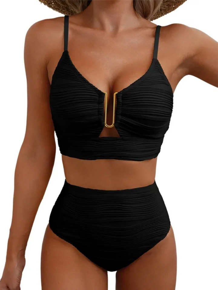 Damen High-Waist Bikini mit U-Draht Oberteil. Eleganter, einfarbiger Bademode-Look für Strand & Pool im Sommer.