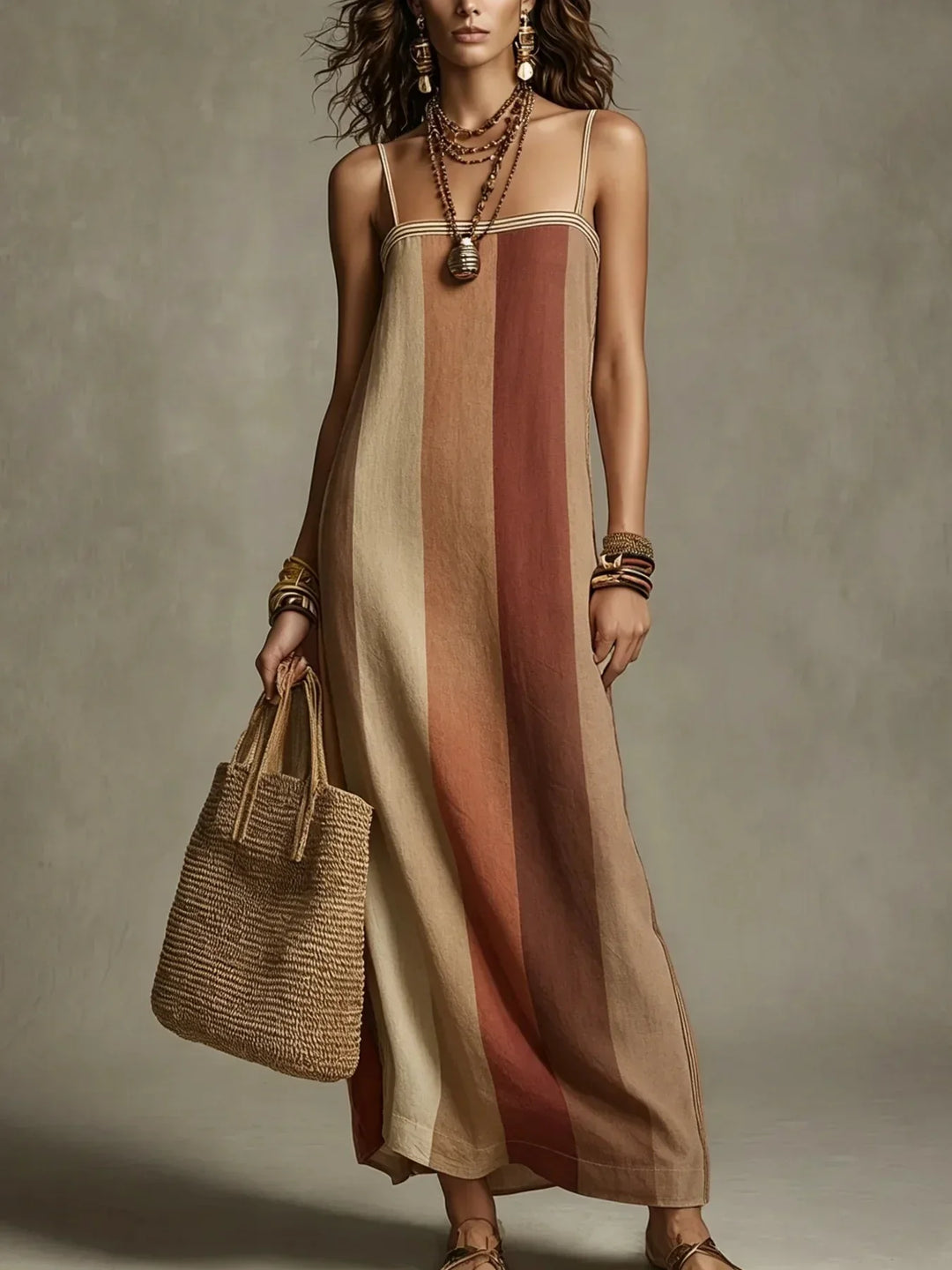 Elegantes Damen Sommer Maxikleid mit Streifen und zarten Spaghettiträgern, ideal als Strand- oder Freizeitkleid.
