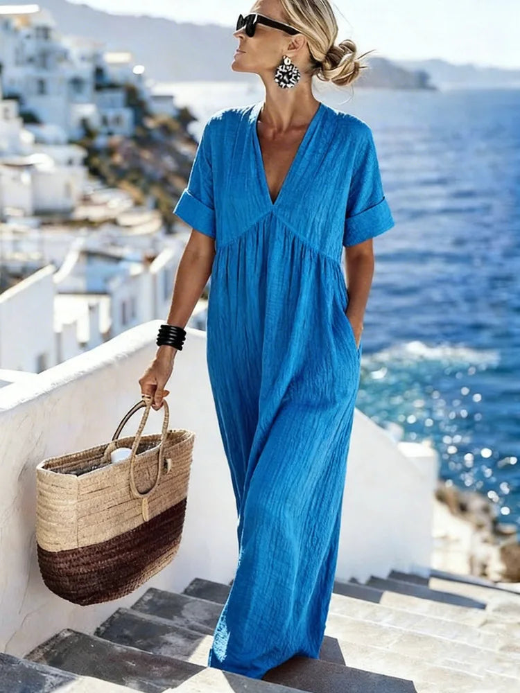 Damen Sommer Maxikleid mit V-Ausschnitt. Elegantes, leichtes Freizeitkleid perfekt für Strand, Urlaub & Sommer.
