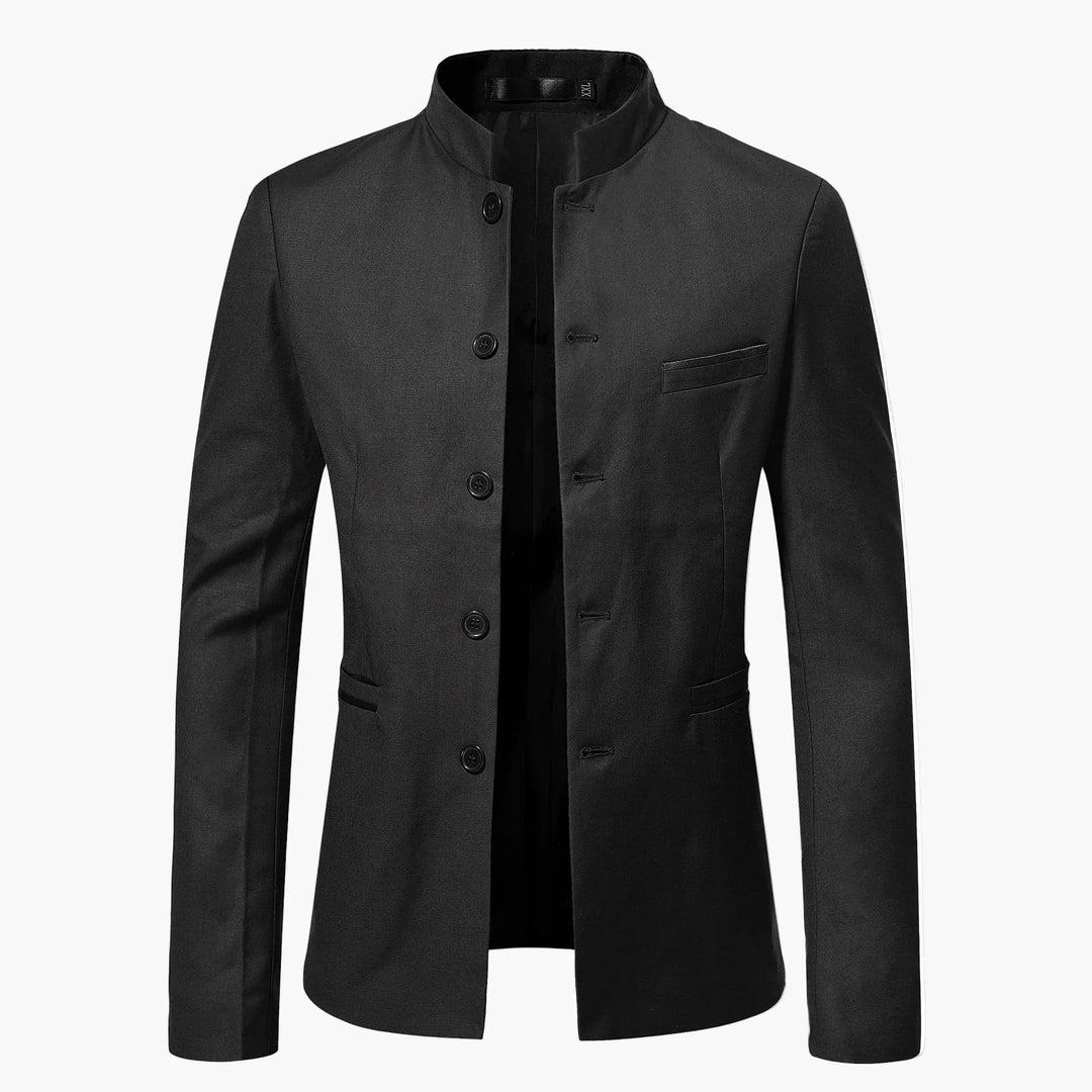 Moderner Herren Blazer mit Stehkragen in Dunkelblau, perfekt für einen gepflegten Business-Look.