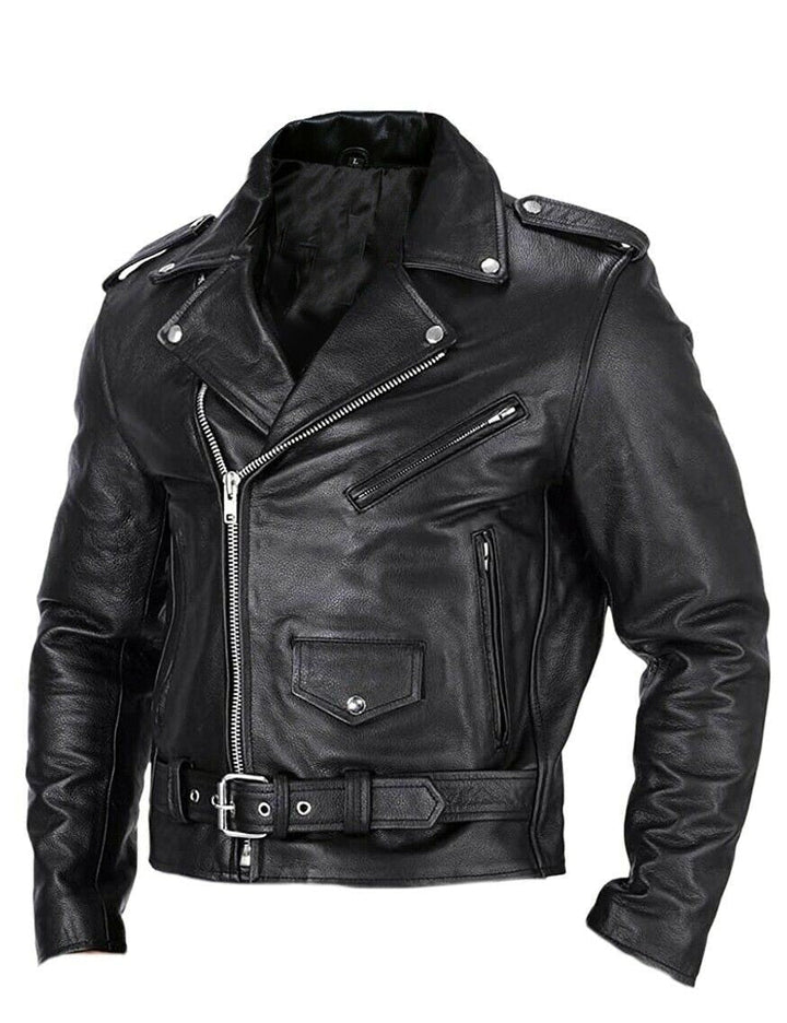 Schwarze Herren Slim Fit Motorradjacke Ryder aus Leder mit Stehkragen. Stylische Übergangsjacke für Biker.