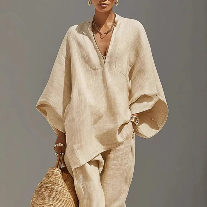 Damen Komfort Maxi Zweiteiler Set mit V-Ausschnitt & weiten Ärmeln, elastische Hose für Sommer Loungewear.
