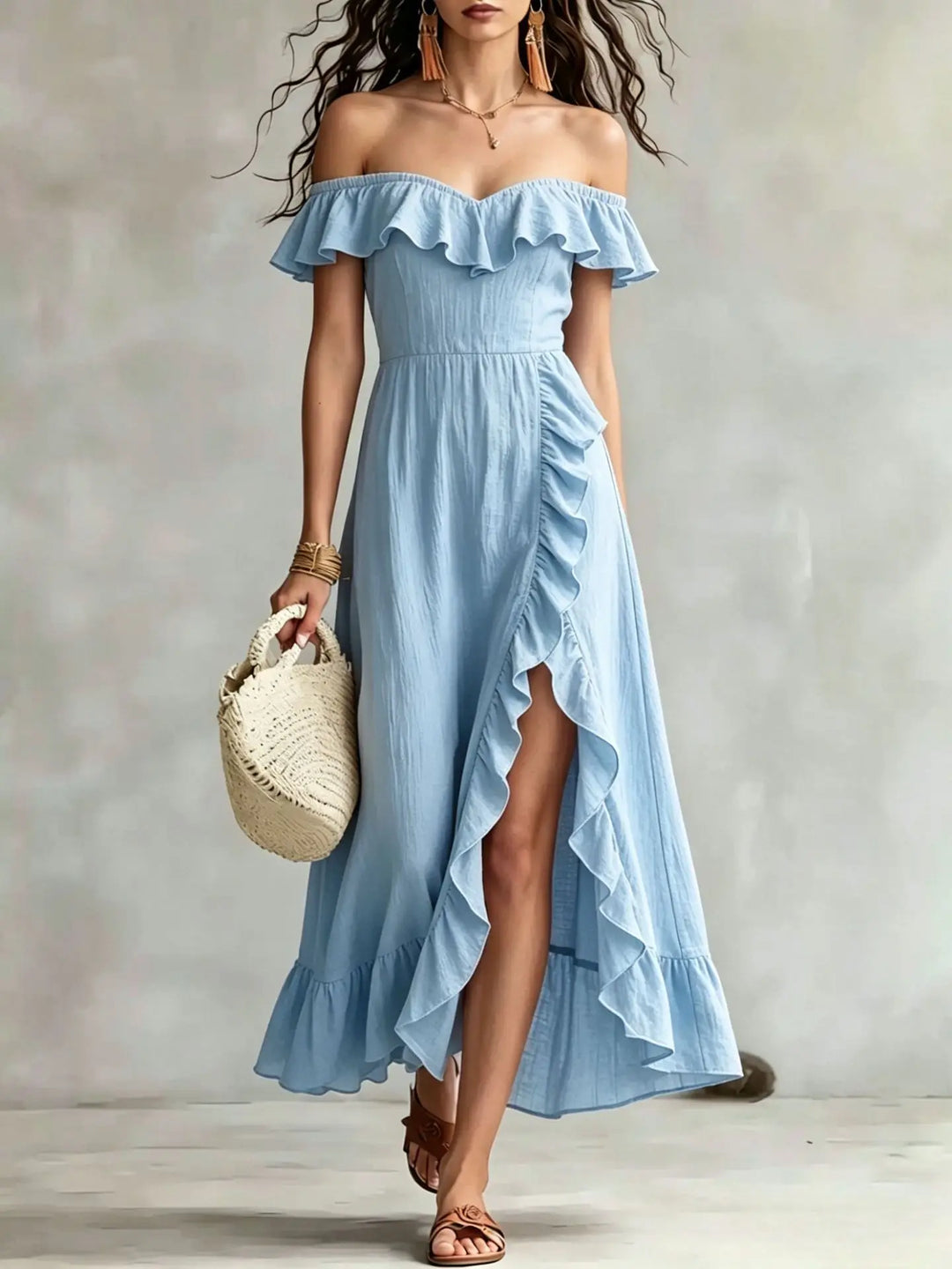Langes, fließendes Damen Off-Shoulder Maxikleid, perfekt als elegantes Sommer-Abendkleid oder stilvolles Partykleid.