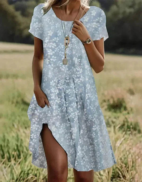 Stilvolles Damen Midikleid mit Blumenmuster, Kurzarm Sommerkleid für Alltag, Urlaub und entspannte Anlässe.
