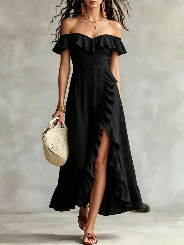 Schulterfreies Damen Sommer Maxikleid, langes A-Linien-Kleid, elegant & vielseitig für festliche Anlässe.