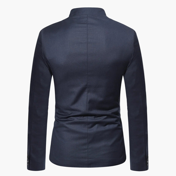 Herren Blazer mit Stehkragen und einzigartigem Schnitt, vielseitig für Büro und besondere Events.