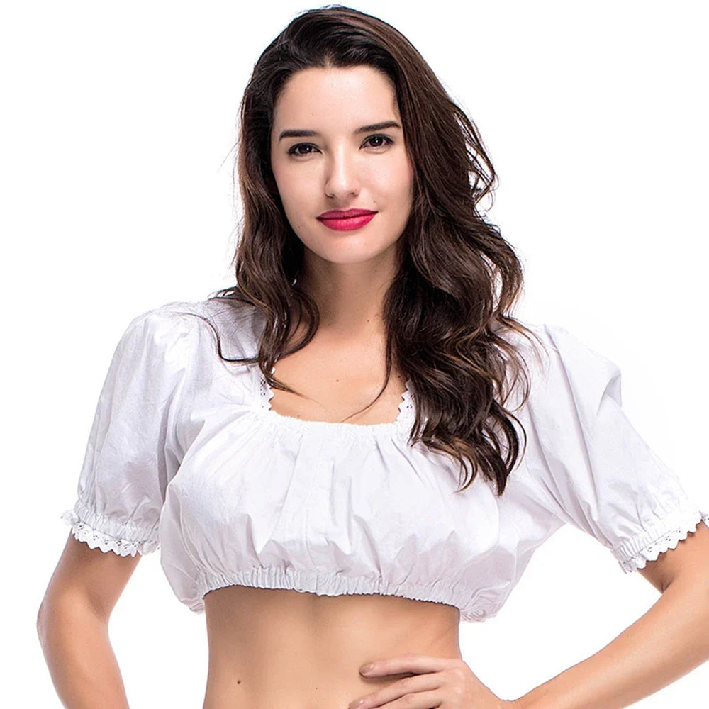 Hochwertige weiße Dirndl Bluse, kurz, für Damen. Authentisches Trachtenhemd, Must-have für das Oktoberfest und Volksfest.