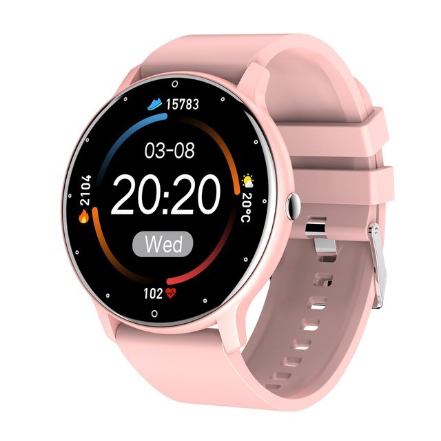 Hochauflösender Touchscreen einer Smartwatch, zeigt Zeit & Gesundheitsdaten, mit Bluetooth-Konnektivität.
