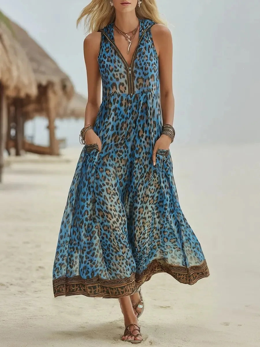 Ärmelloses Damen Maxikleid mit Leopardenmuster und V-Ausschnitt, perfekt als lässiges Strandkleid oder Freizeitkleid.