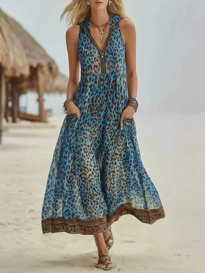 Ärmelloses Damen Maxikleid mit Leopardenmuster und V-Ausschnitt, perfekt als lässiges Strandkleid oder Freizeitkleid.