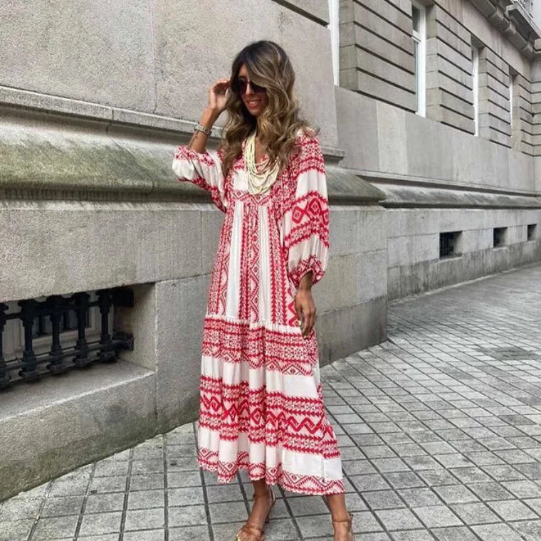 Modisches Damen Maxikleid, geblümt, mit Rüschen, V-Ausschnitt und Puffärmeln, feminin und auch in Plus Size erhältlich.