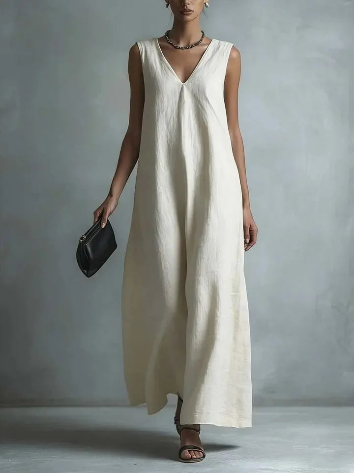 Damen Maxikleid mit V-Ausschnitt, ärmellos, lockerer Schnitt, ideal als Sommer- oder Strandkleid.