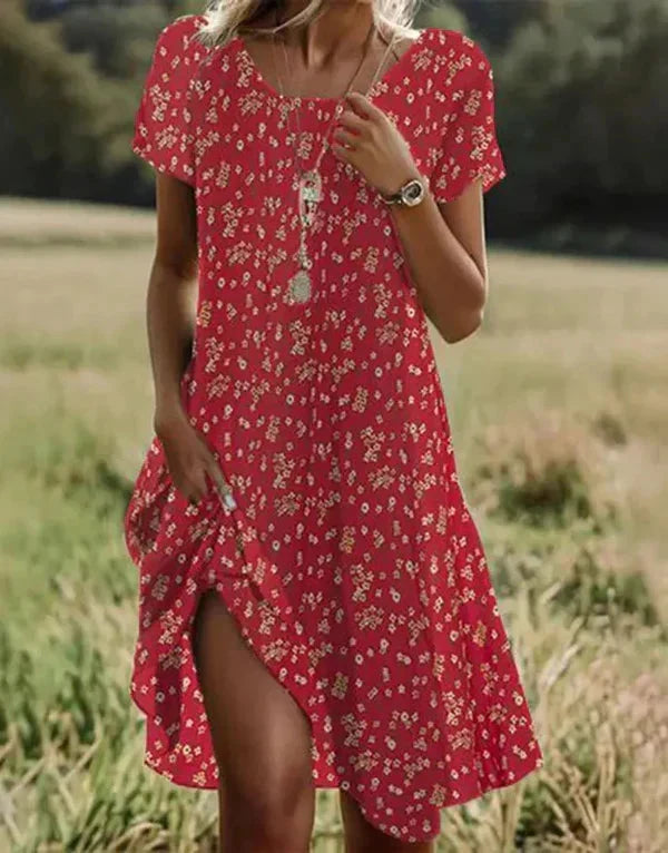 Vielseitiges Damen Midikleid mit Blumenmuster, locker geschnittenes Kurzarm Sommerkleid für jeden Anlass.