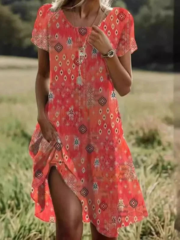 Rundhals Kurzarm Damen Midikleid mit Blumenmuster, lockeres und bequemes Sommerkleid für Frauen.